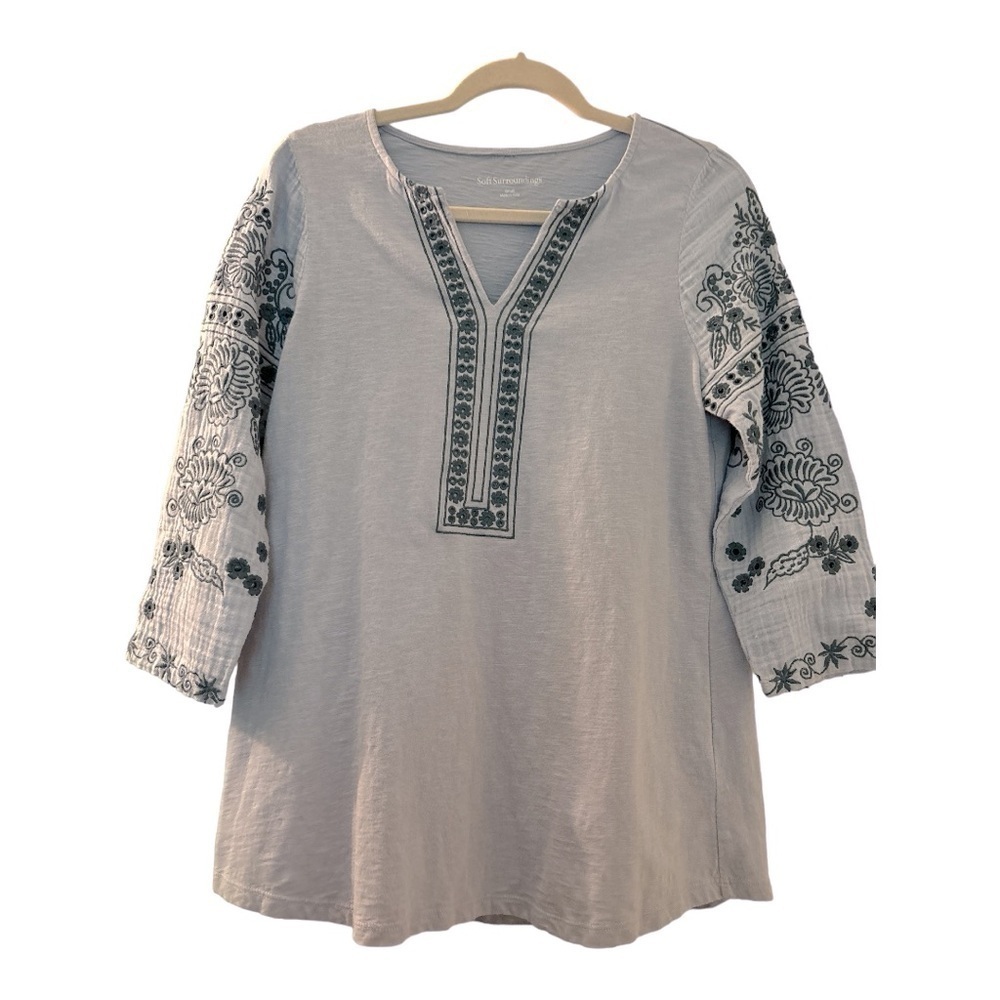 SOFT SURROUNDINGS tunic size small, light blue cotton with dark blue embroidery.